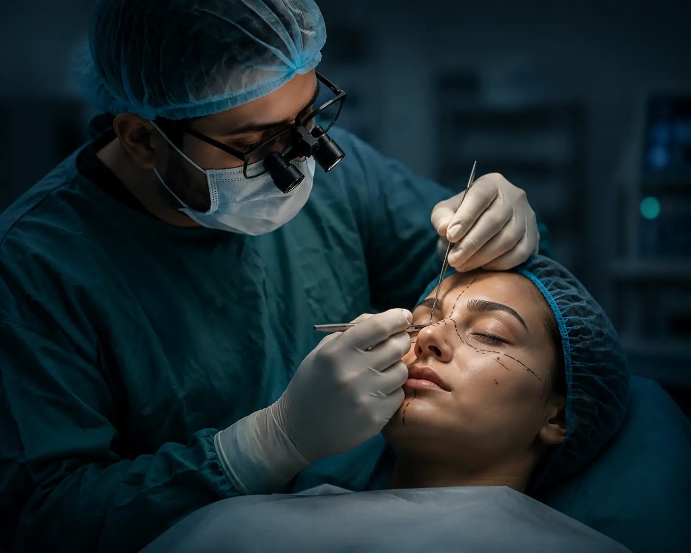 Reconstructive surgeon wearing magnifying loupes during a microsurgery procedure