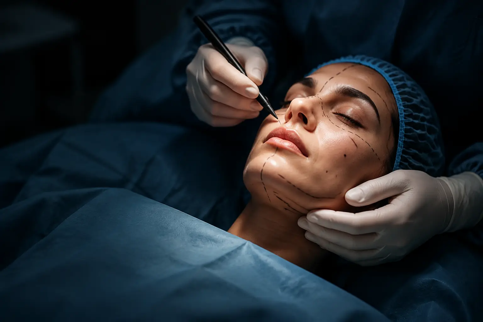 Surgeon in mask and surgical cap preparing for an aesthetic surgery procedure at Micro Aesthetics, Lahore